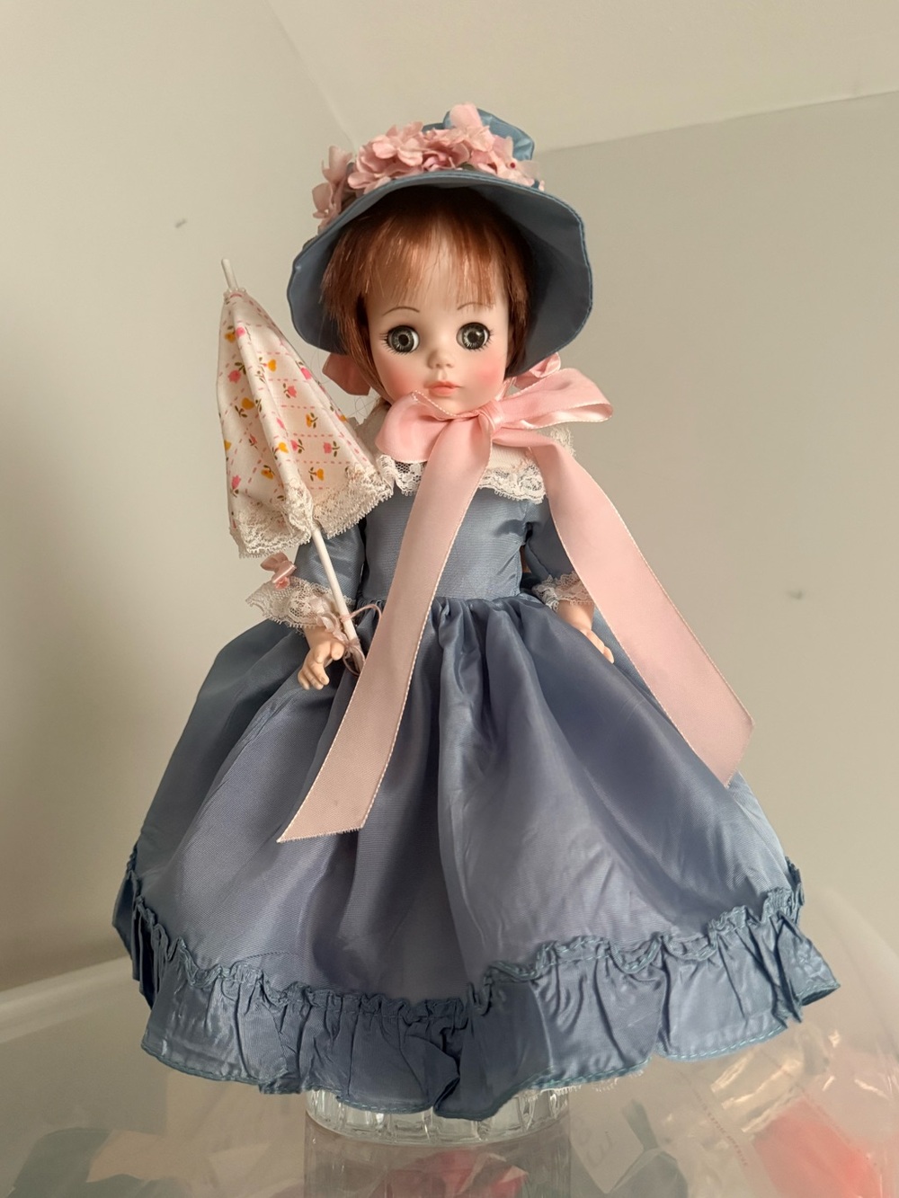 Madame Alexander vintage Blue Dress Porcelain Doll with Pink Ribbon & Parasol